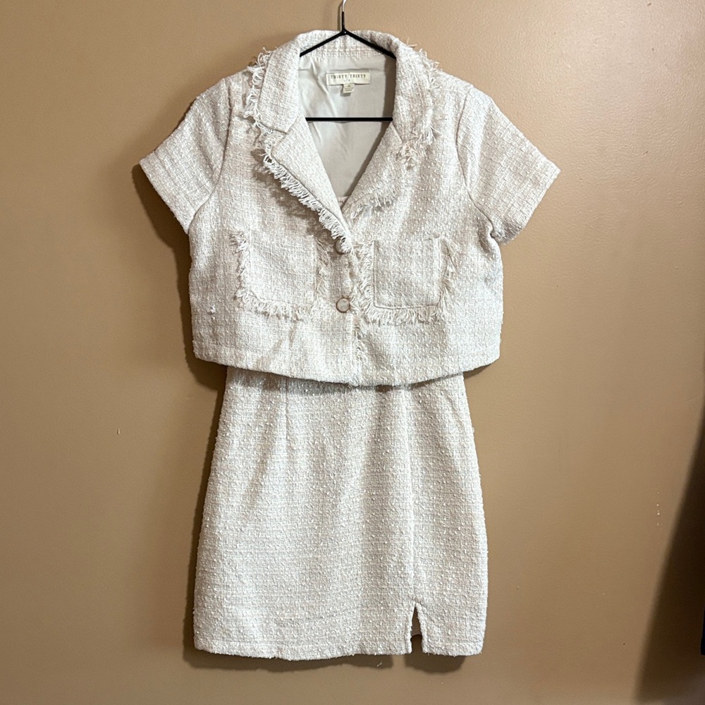 Elegant White Tweed Mini Dress with Jacket